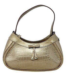 Liz Claiborne Y2K Metallic Gold Faux Croc Baguette Purse Bow Accent Single Strap
